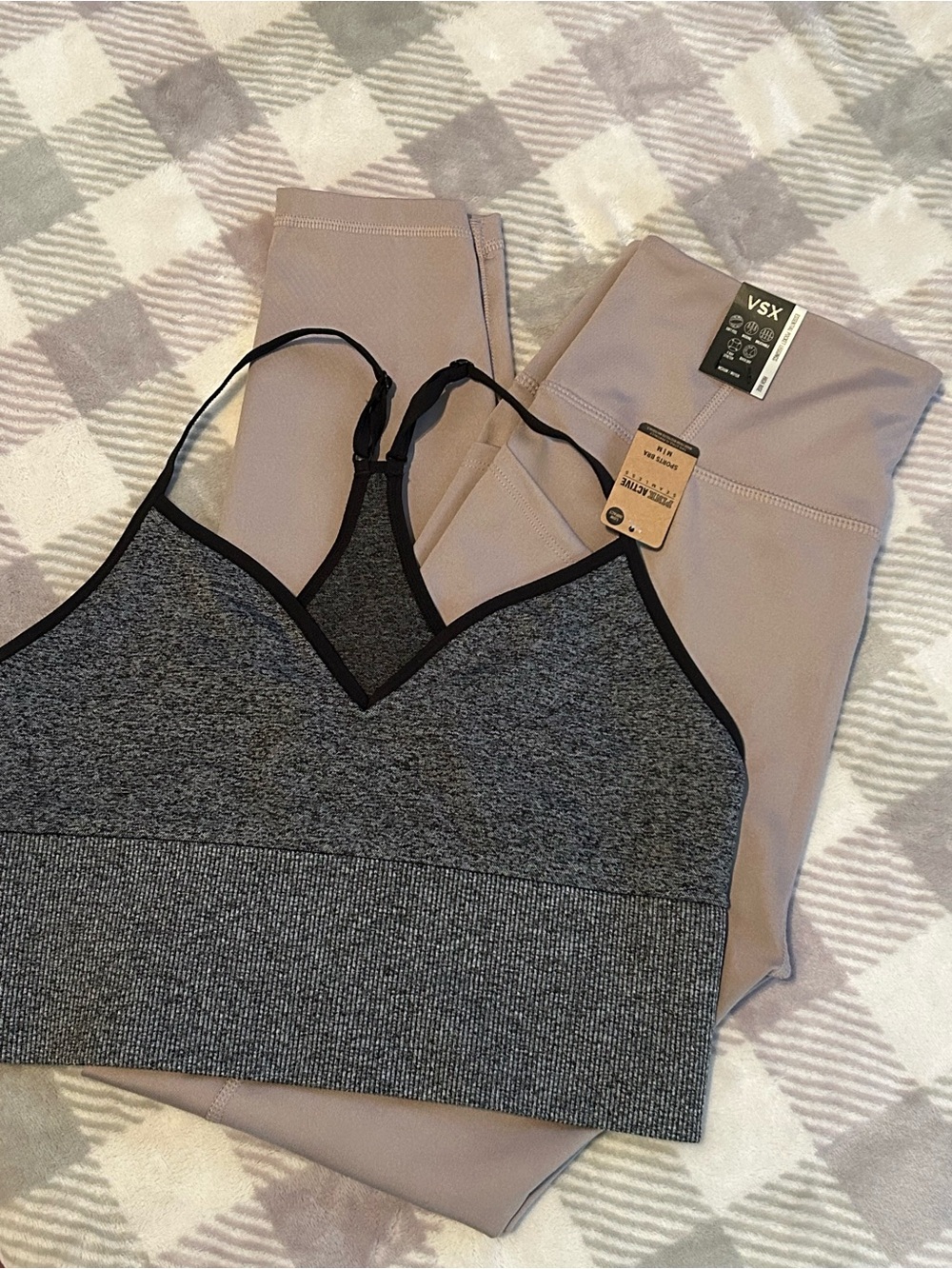 VSX essential high rise pocket leggings in bare taupe with long lined sports bra